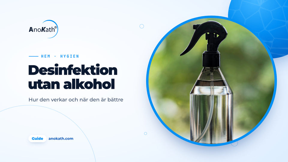 Grön sprayflaska utan etikett på ett bord framför suddig bakgrund, omslagsbild till artikeln om desinfektionsmedel utan alkohol