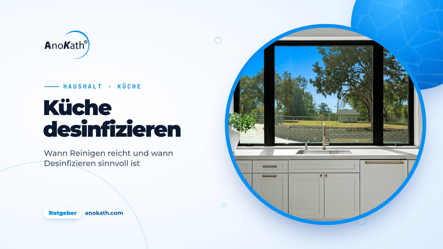 Helle, aufgeräumte Küche mit Spüle und großem Fenster, Titelbild zum Ratgeber Küche desinfizieren