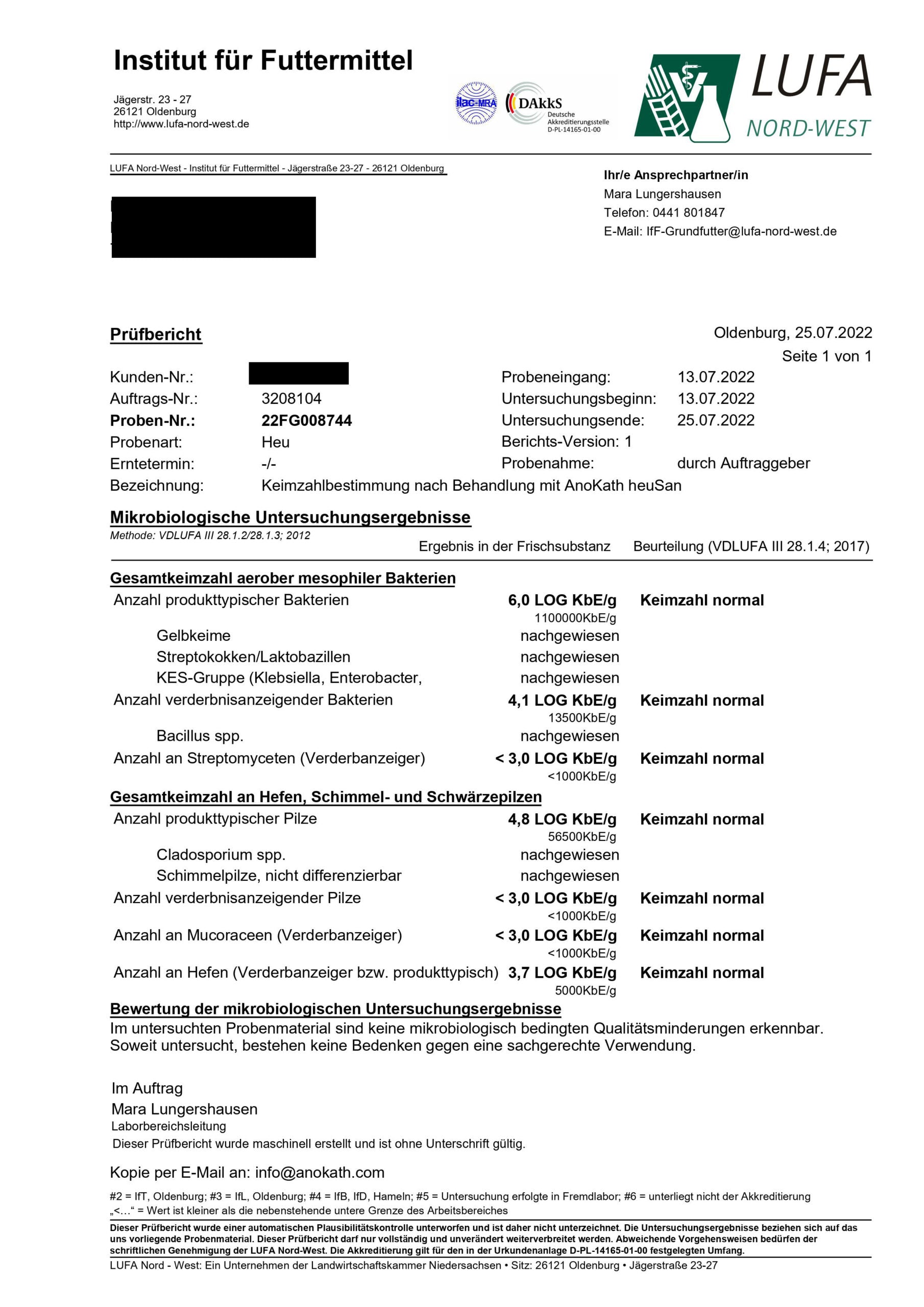 AnoKath® heuSan Konzentrat – Anwendung zur Heuhygiene im Stall Prüfbericht