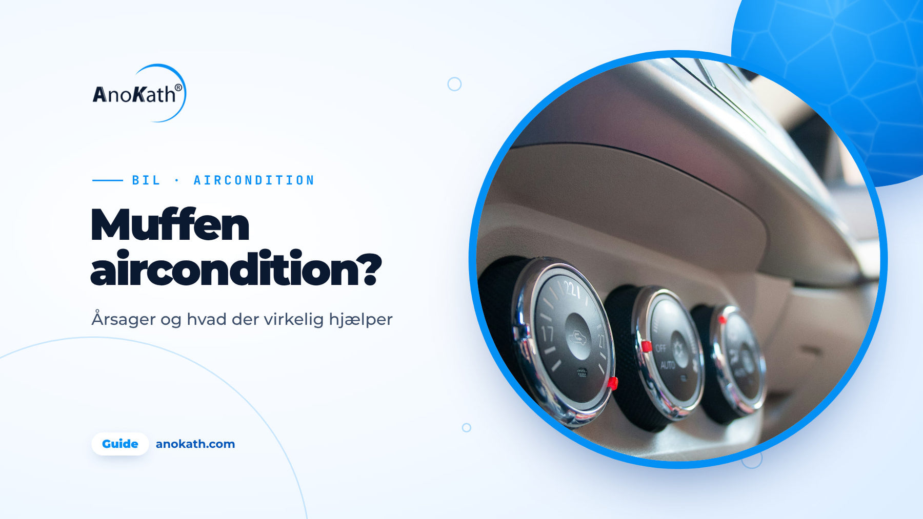 Betjeningsknapper til bilens aircondition i instrumentbrættet, forsidebillede til guiden om bilens aircondition