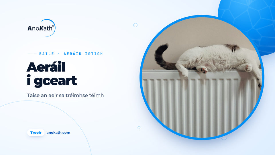 Cat ina chodladh sínte ar raidhiteoir bán, íomhá chlúdaigh don treoir ar thaise an aeir sa teach